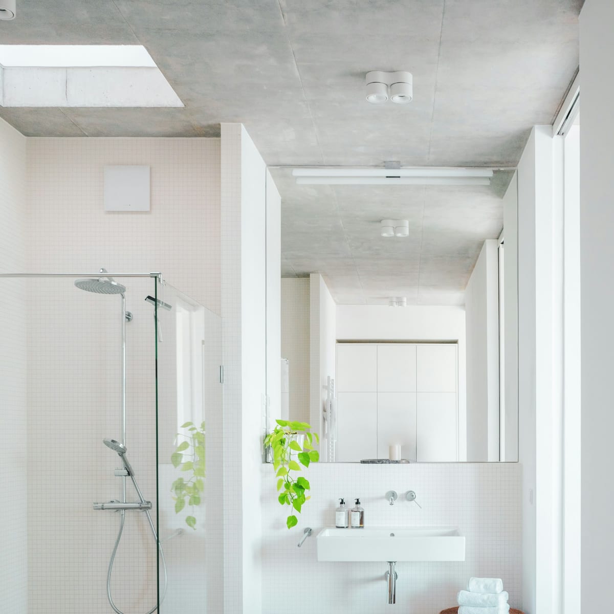 Helles Badezimmer mit bodengleicher Dusche, Waschbecken und Pflanze